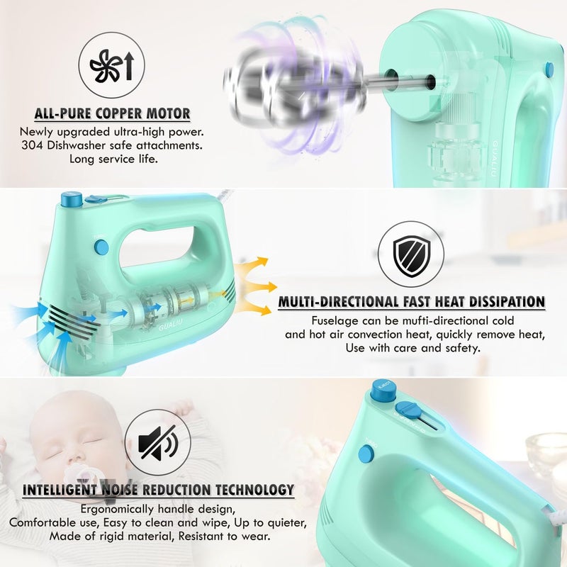 GUALIU Electric Hand Mixer with Stainless Steel Whisk, Dough Hook Attachment and Storage Bag, Handheld Mixer for Baking Cakes, Eggs, Cream Food Mixers. Turbo Boost /5 Speed Kitchen Blender GREEN - Image 3